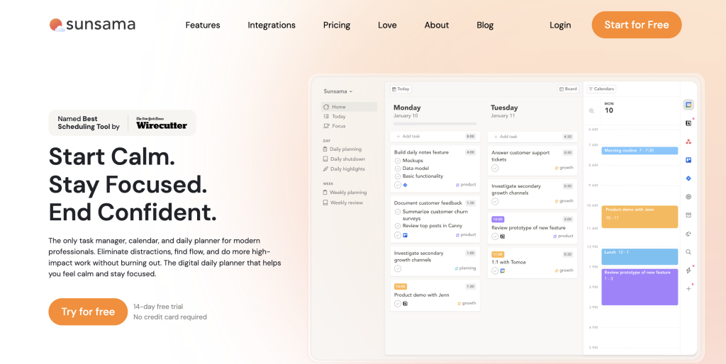 sunsama daily planning and time management tool